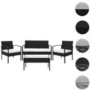 Sort polyrattan loungesæt med cremehvide hynder, to stole, sofa og bord