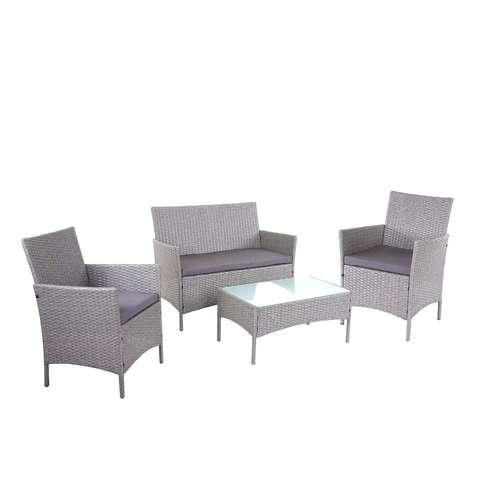 Gråt polyrattan loungesæt med antracit hynder, to stole, sofa og bord