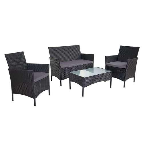 Sort polyrattan loungesæt med antracit hynder, to stole, sofa og bord